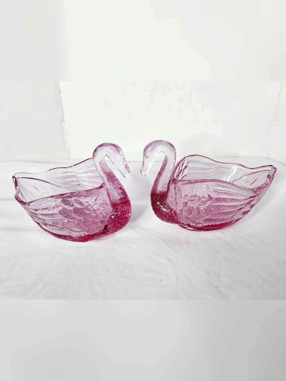 Vintage Pink Glass Swan Open Salt Cellars Trinket Dishes Set of 2
